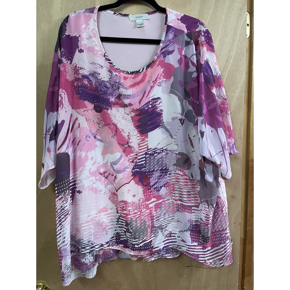 CJ Banks Womens Plus 2X‎ Pink Purple Abstract Floral Scoop Neck Blouse Top